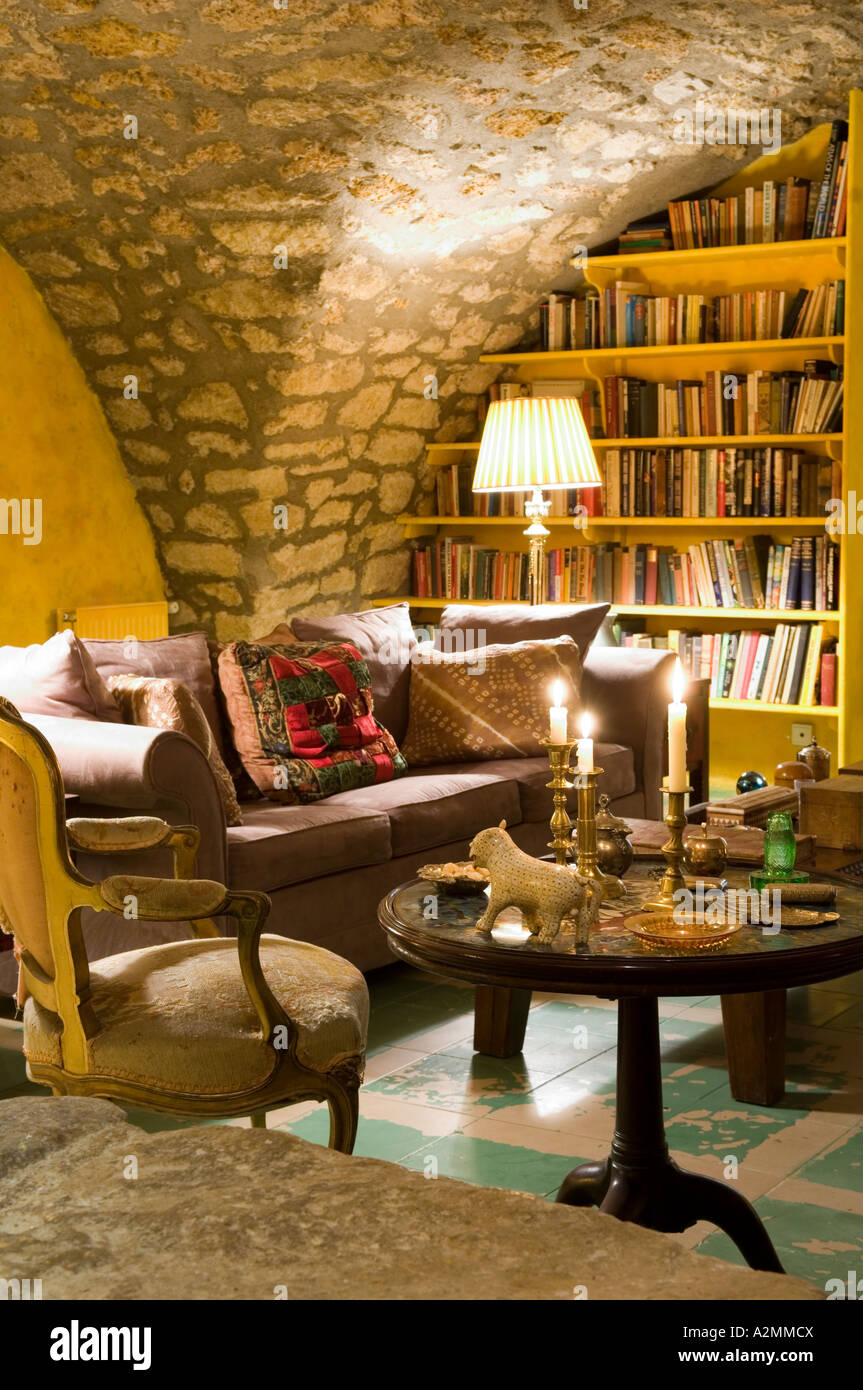 Sitting room with vaulted ceiling in French medieval villa Stock Photo