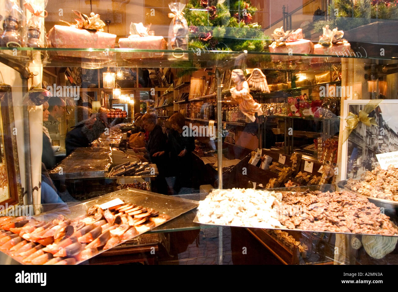 Swiss Lausanne Centre Chocolate Shop and View to the Inside Stock Photo