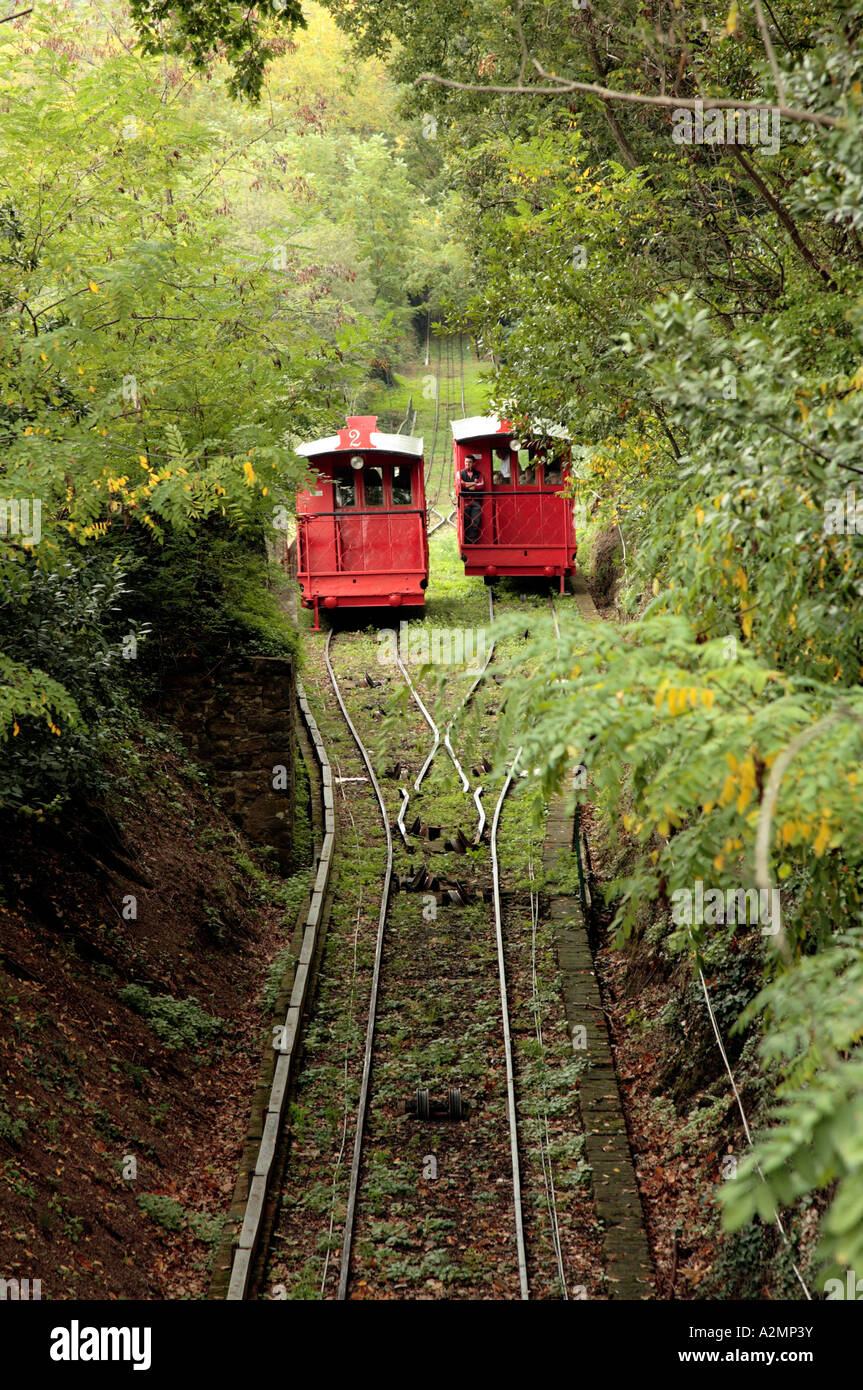 Funicular railway Montecatini Terme trains pass on the track to the hill  top village of Montecatini Alto, Italy Stock Photo - Alamy