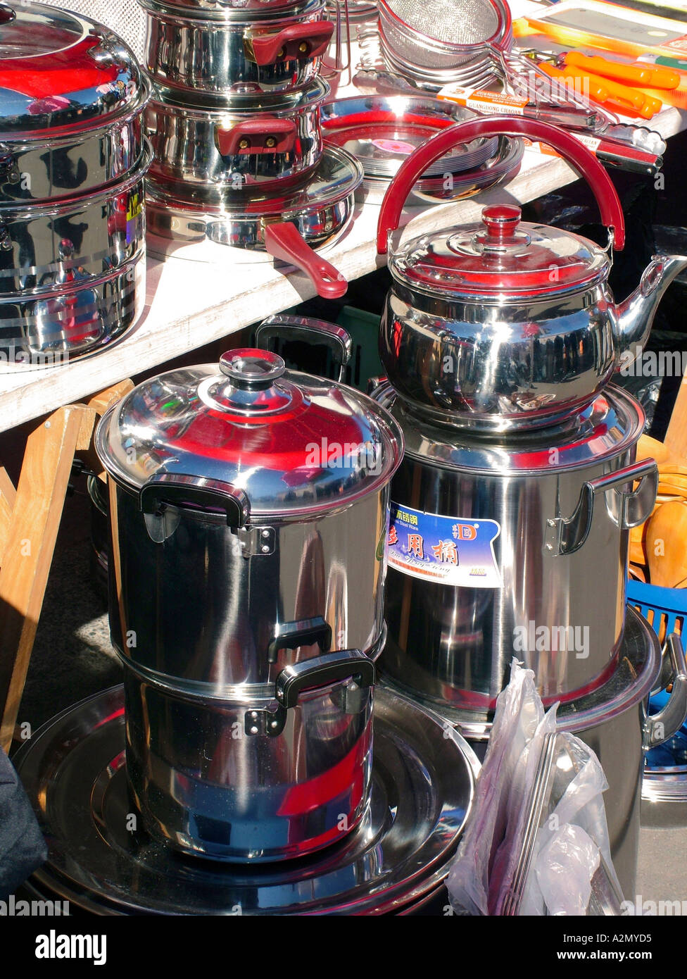 Aluminium saucepans pots and pans Stock Photo Alamy