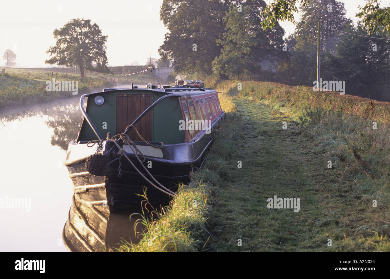 narrow boat moored on the langollen canal north wales Stock Photo