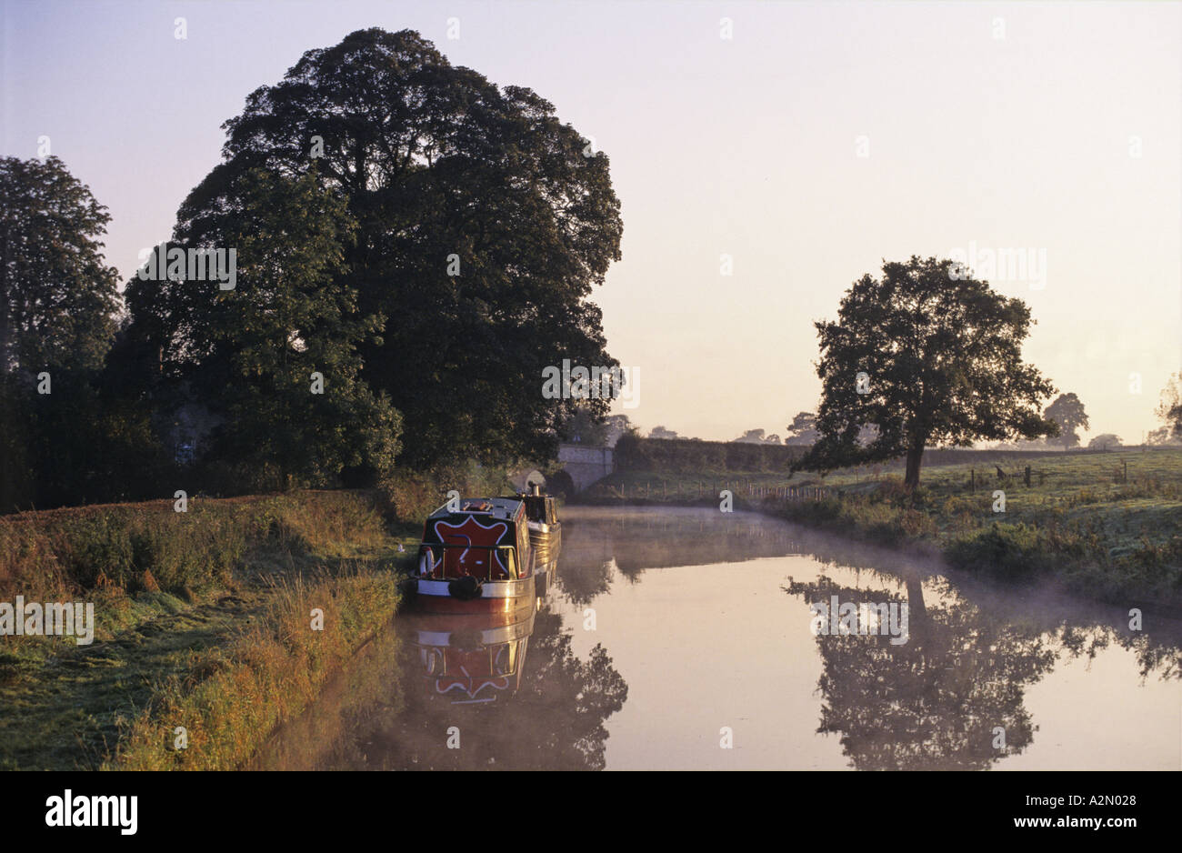 narrow boat moored on the langollen canal north wales Stock Photo