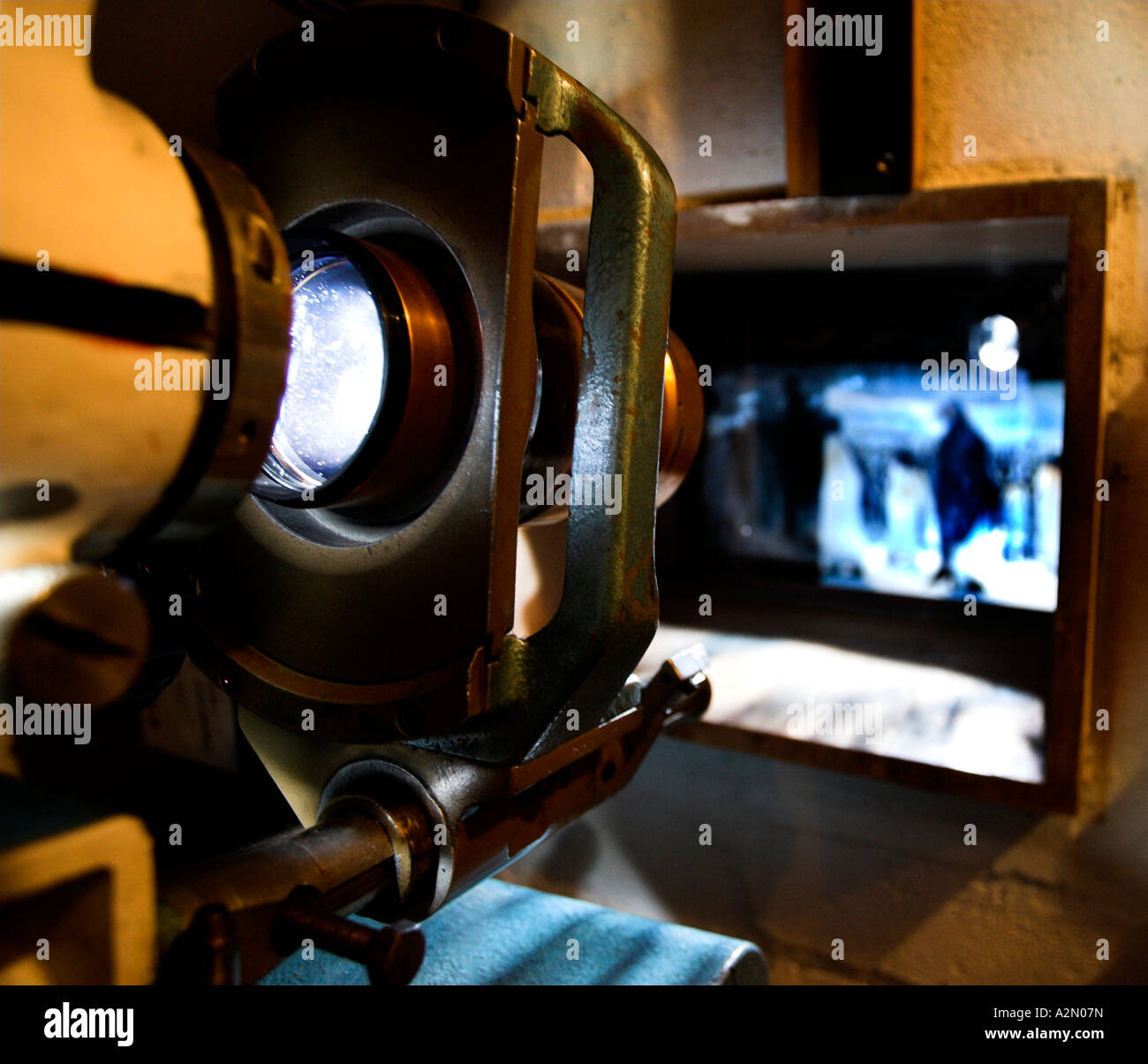 Royalty Cinema inside projection room & projectionist & projector Stock