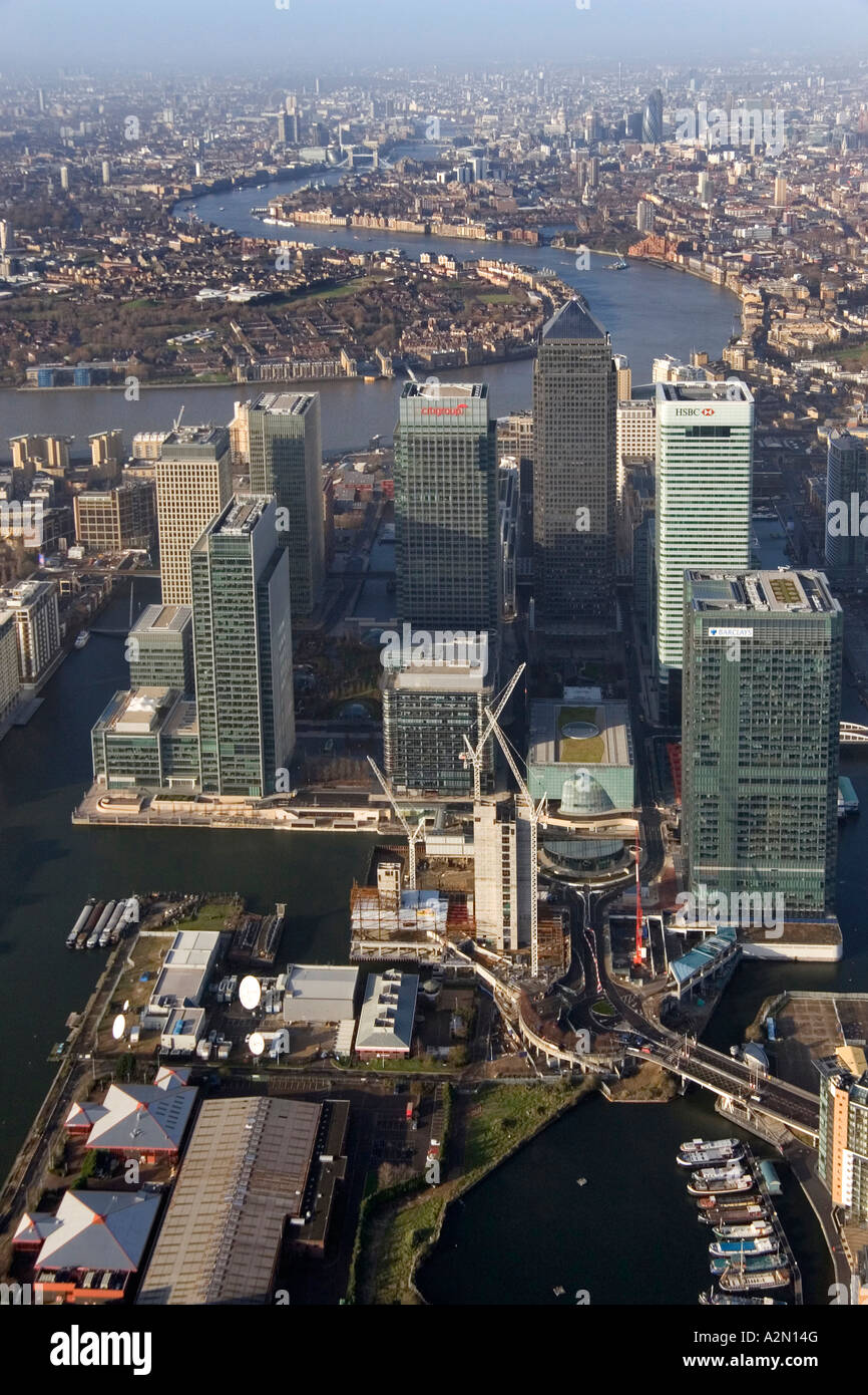 aerial view looking west at the modern office buildings at Canary Wharf ...