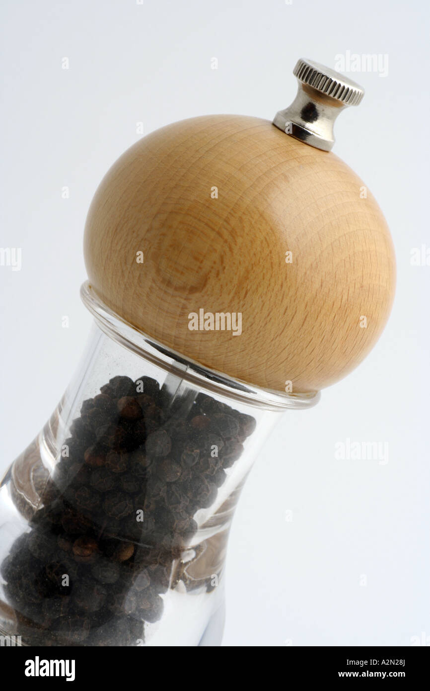 Glass pepper mill with wooden top Stock Photo Alamy