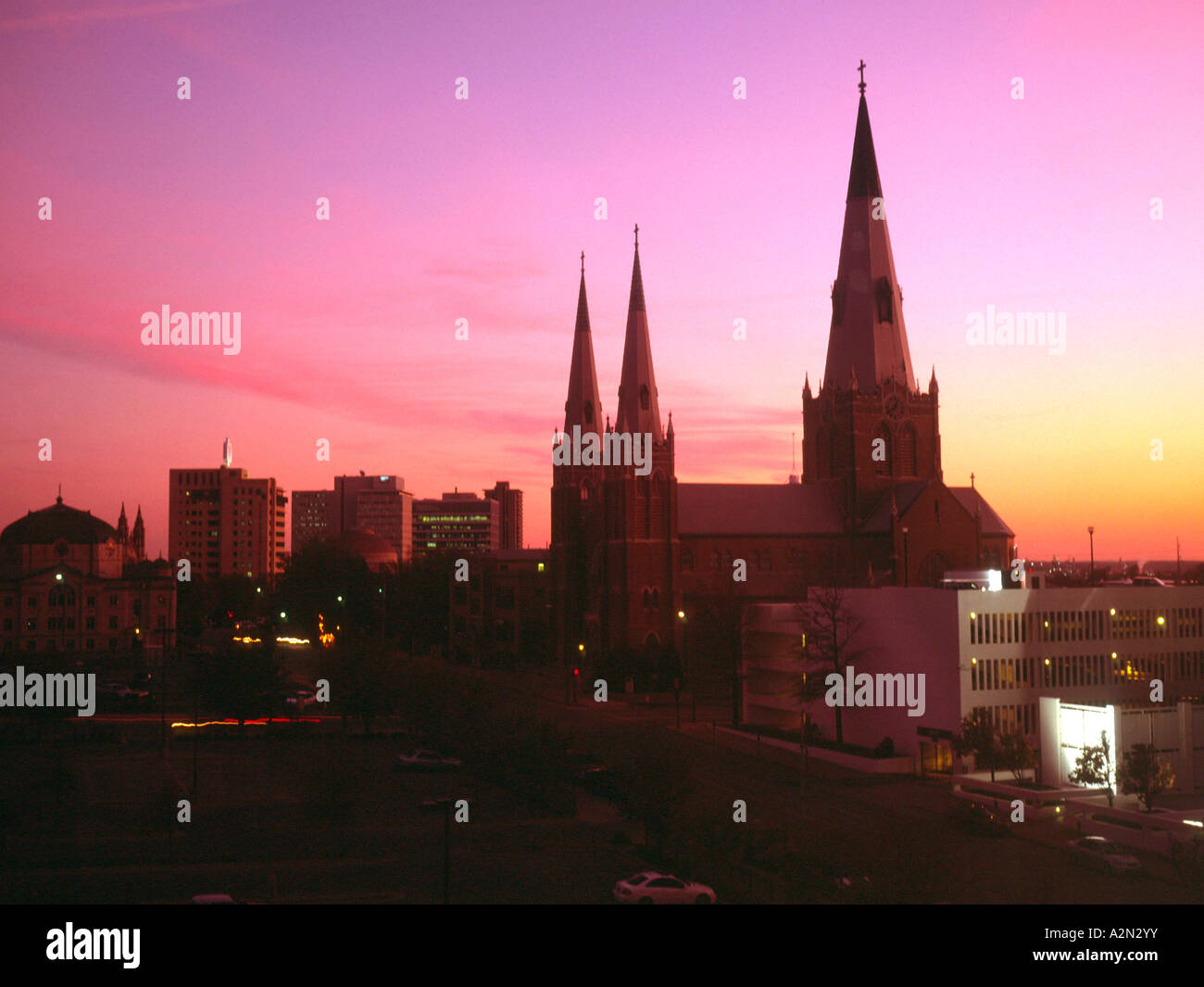 Tulsa Oklahoma USA Holy Family Catholic Cathedral in dawn skyline Stock Photo