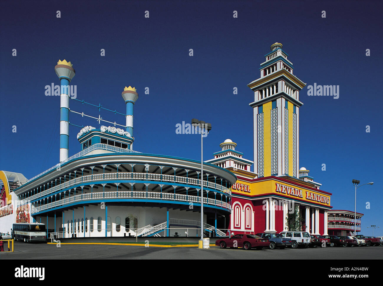 Hotel buildings against blue sky, Las Vegas, Nevada, USA Stock Photo