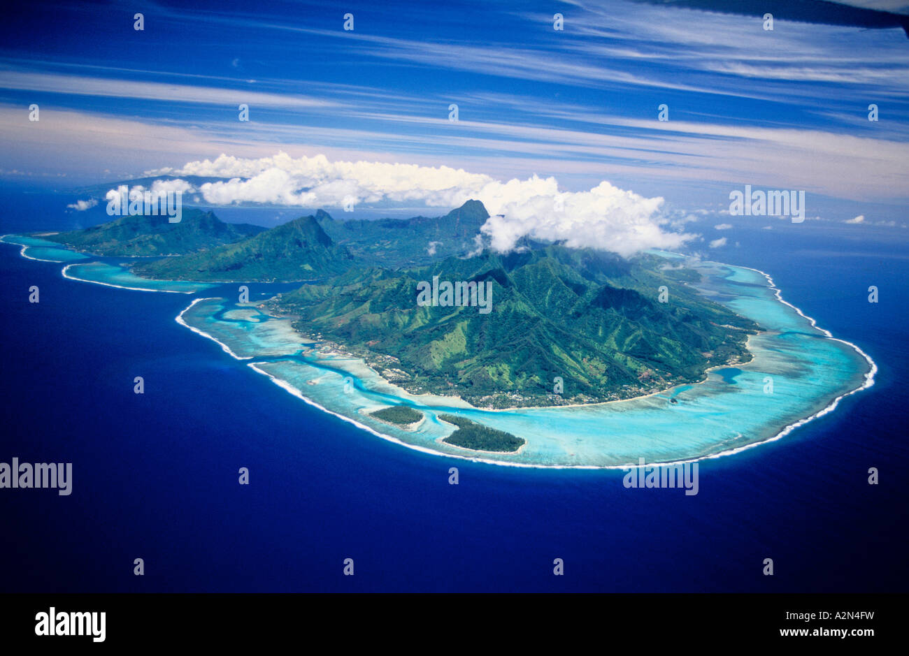 Aerial view of islands, Moorea and Tahiti, Society Islands, French
