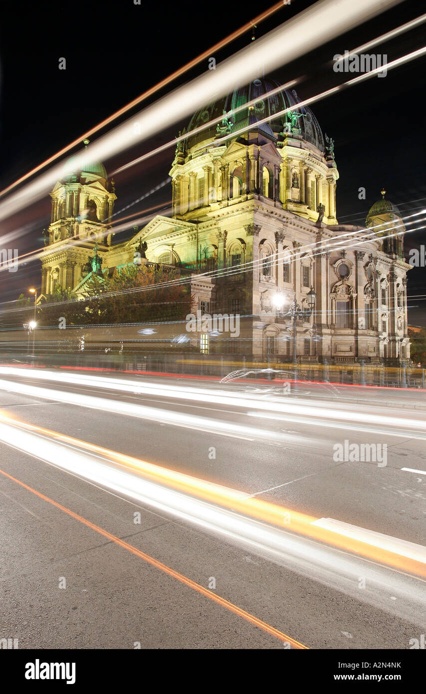 Church lit up at night, Altes Museum, Berlin Cathedral, Museum Island, Berlin, Germany Stock Photo
