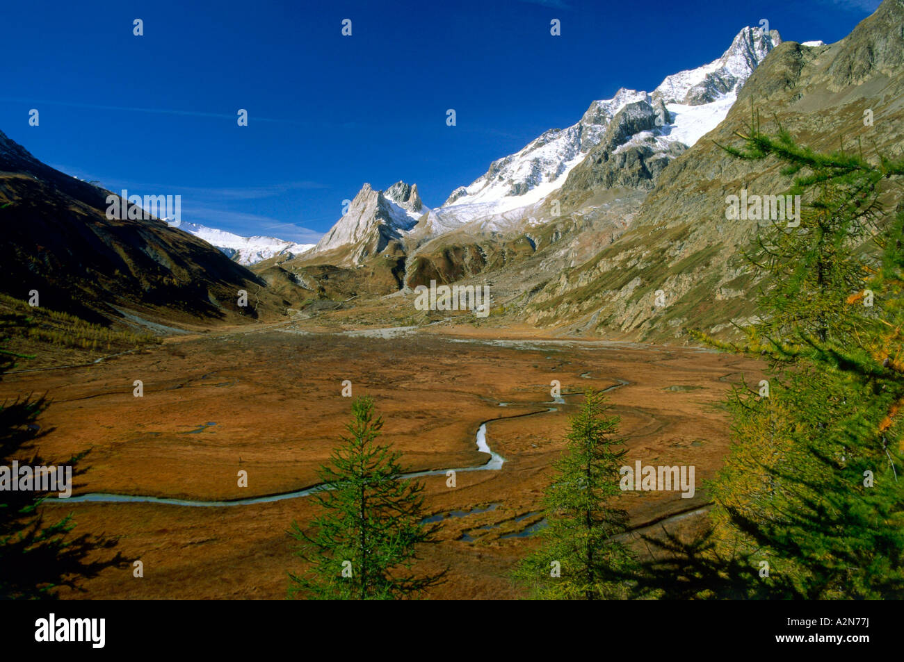 High angle view of marshland surrounded by mountains, Aiguille de Glaciers, Valle D'Aosta, Piedmont, Italy Stock Photo