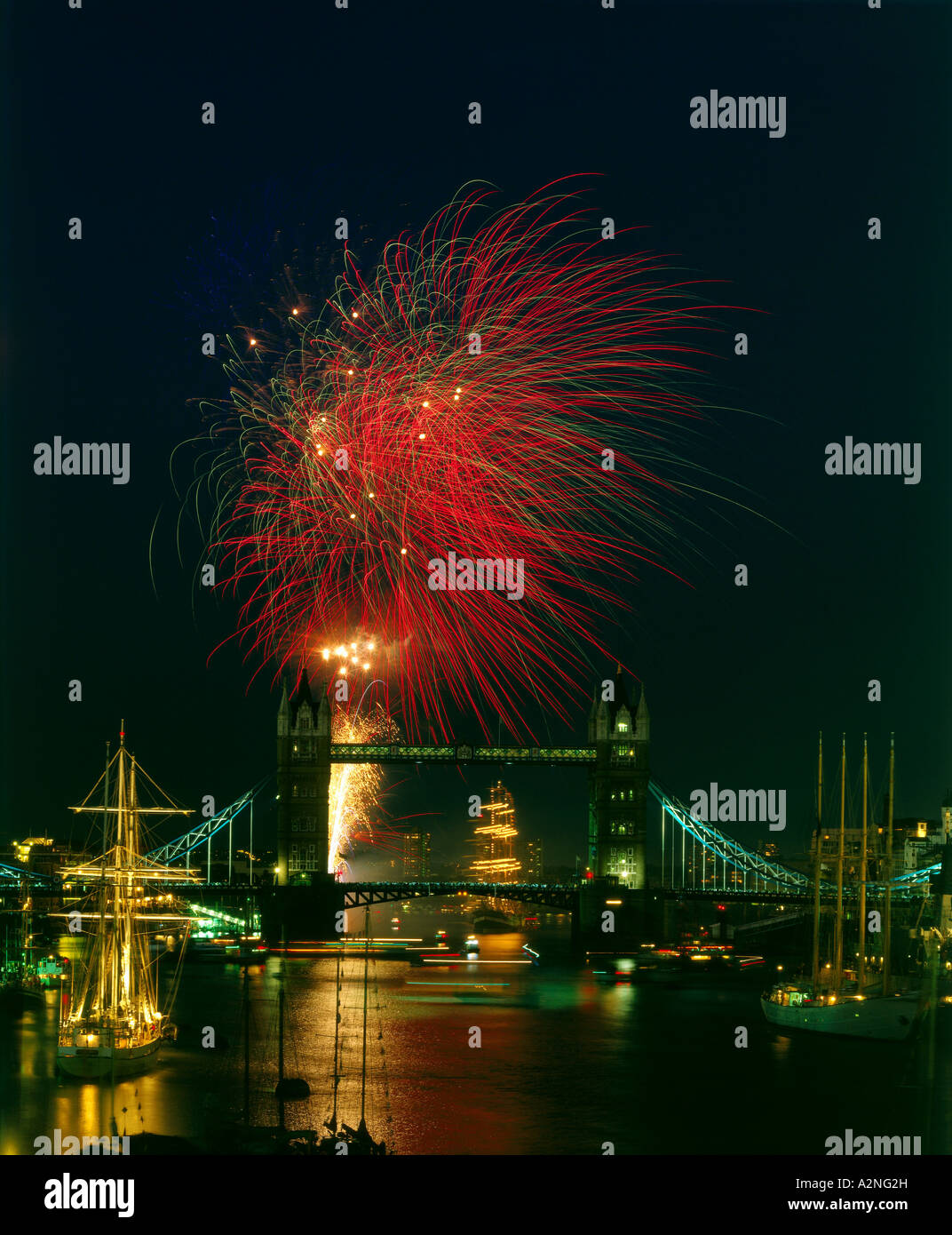 Fireworks over bridge, Tower Bridge, Thames River, London, England Stock Photo