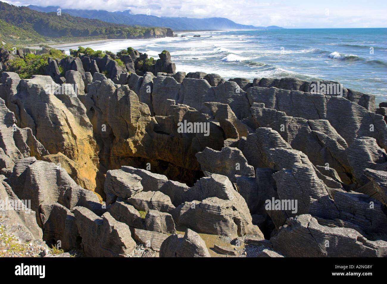 Pancake Rocks blowholes, Punakaiki on the South Island, New Zealand