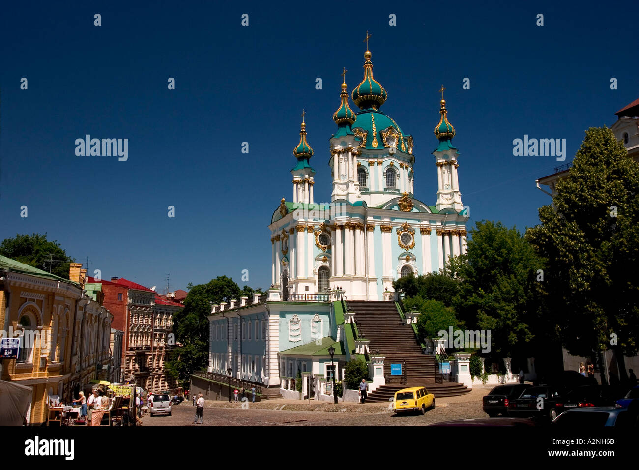 Ukraine Kiev church of holy St Andreas built 1212 in wood 1744 with stones architect F Rastrelli blue sky and clouds sunshine Stock Photo