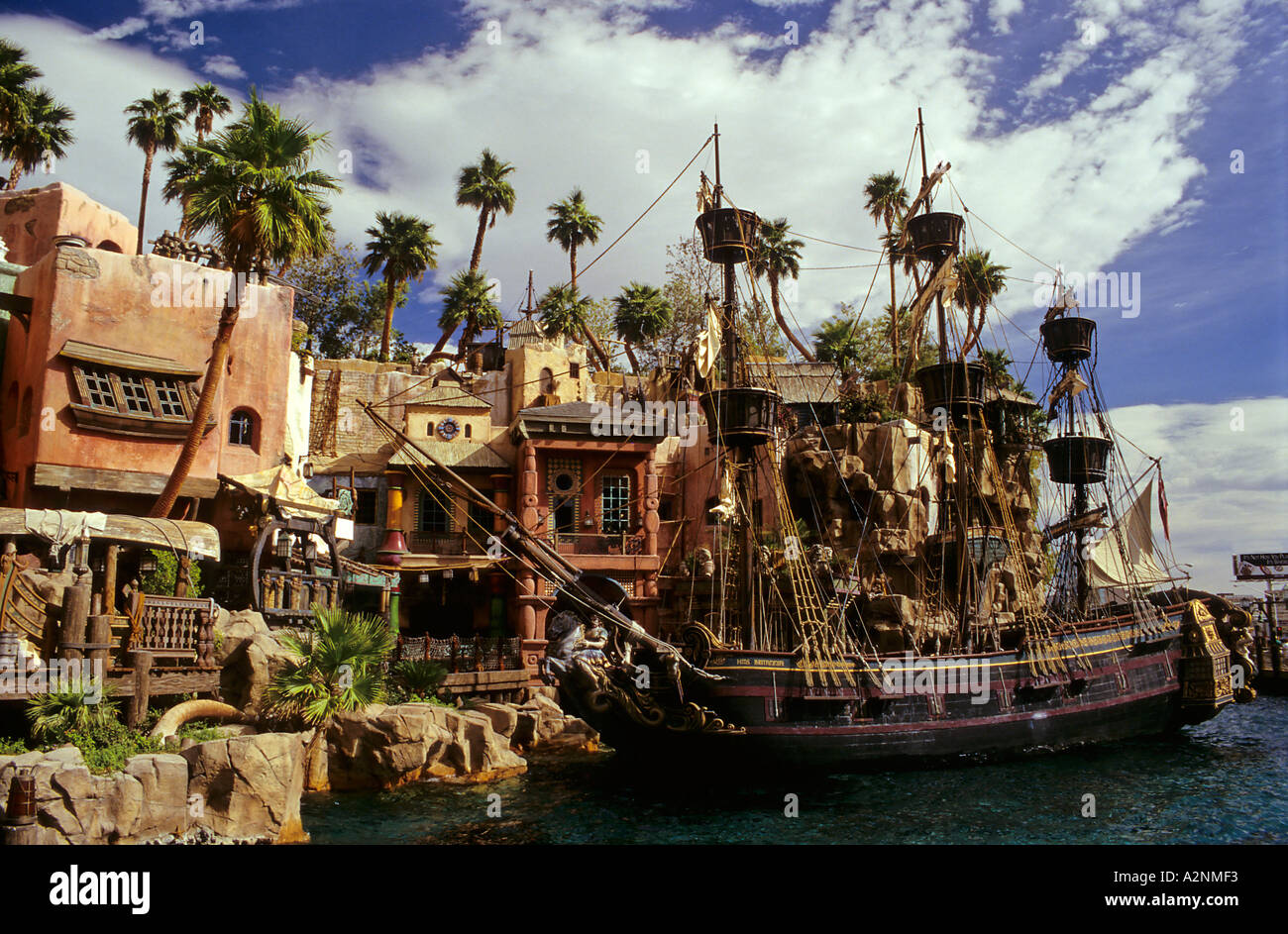 Pirate village and pirate ship in front of Treasure Island Hotel at Las Vegas Nevada Stock Photo