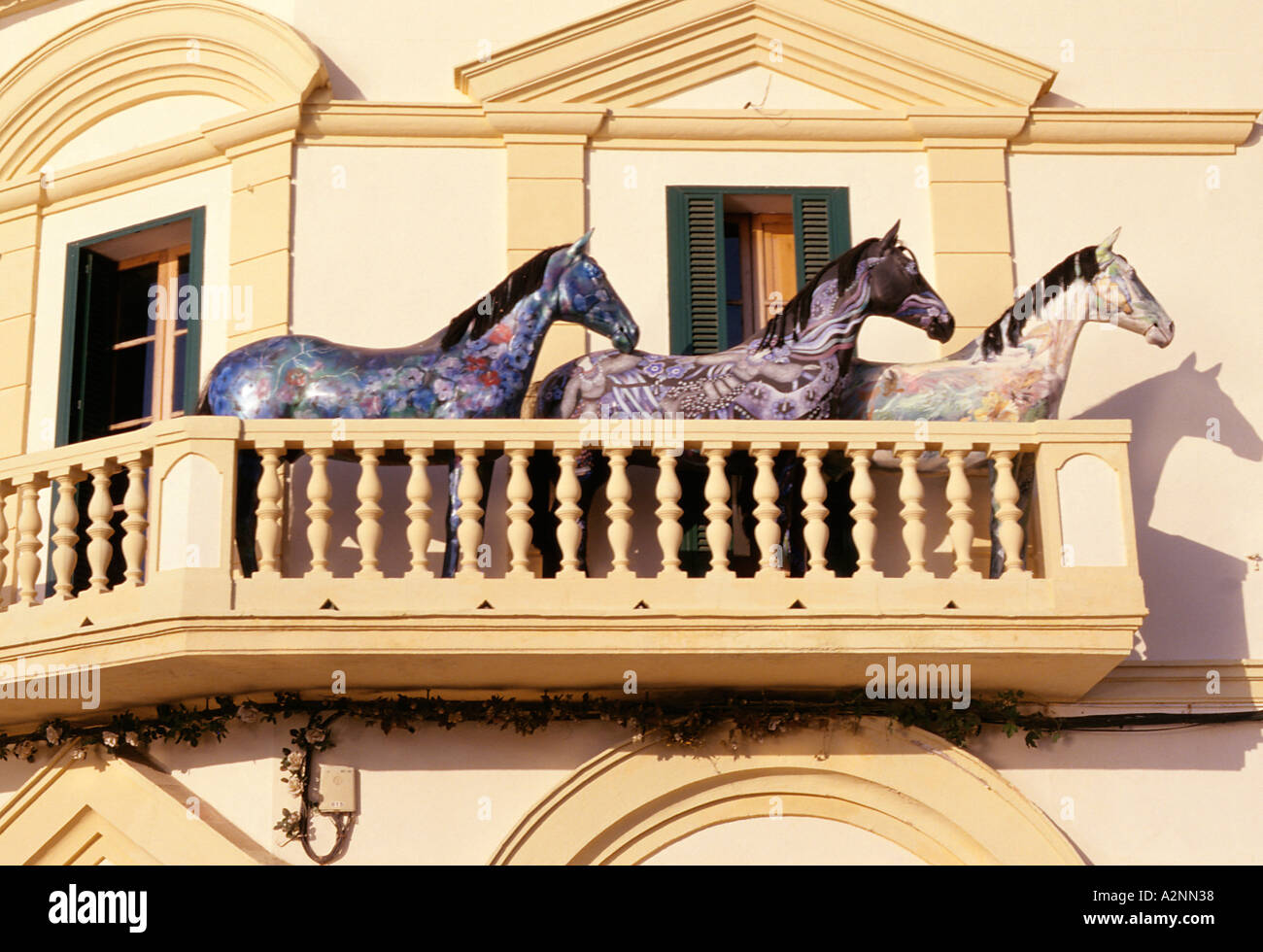 Sculptures of horses and unicorns on a balcony in Port Andratx Mallorca  Spain Stock Photo - Alamy