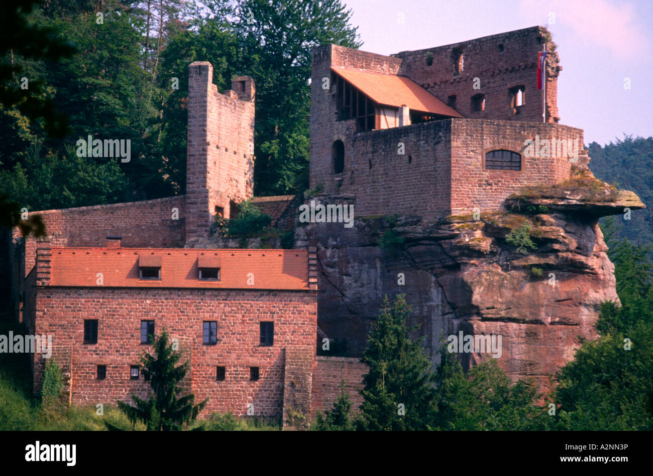 Old ruins of castle on hill, Spangenberg Castle, Palatinate forest, Elmstein Valley, Germany Stock Photo