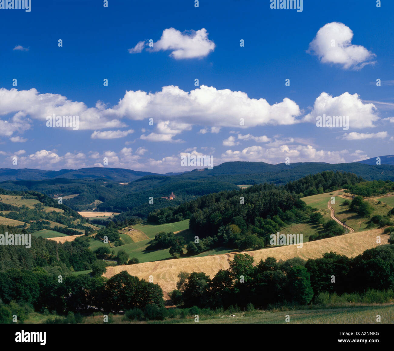 Clouds in sky above rural landscape, Ludwigstein Castle, Witzenhausen, Werra Valley, Hesse, Germany Stock Photo