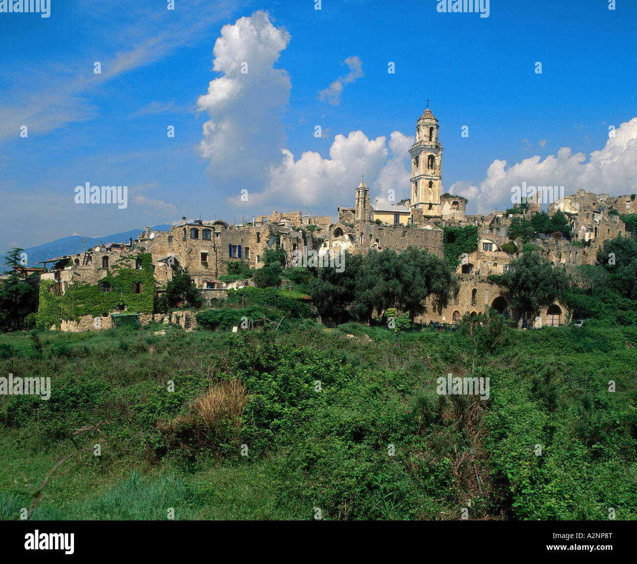 Old ruins of an abandoned town, Bussana Vecchia, Liguria, Italy Stock Photo