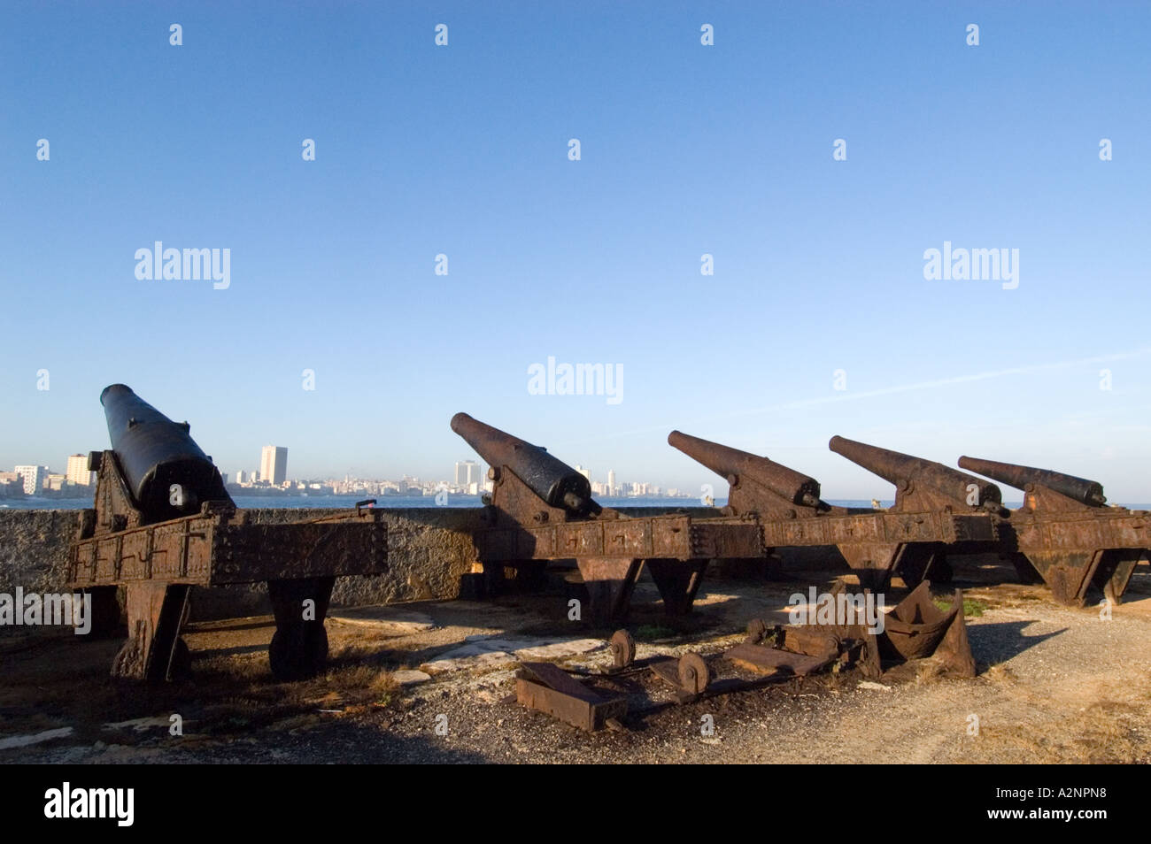 Cannons at Morro Castle facing the city, Havana, Cuba Stock Photo