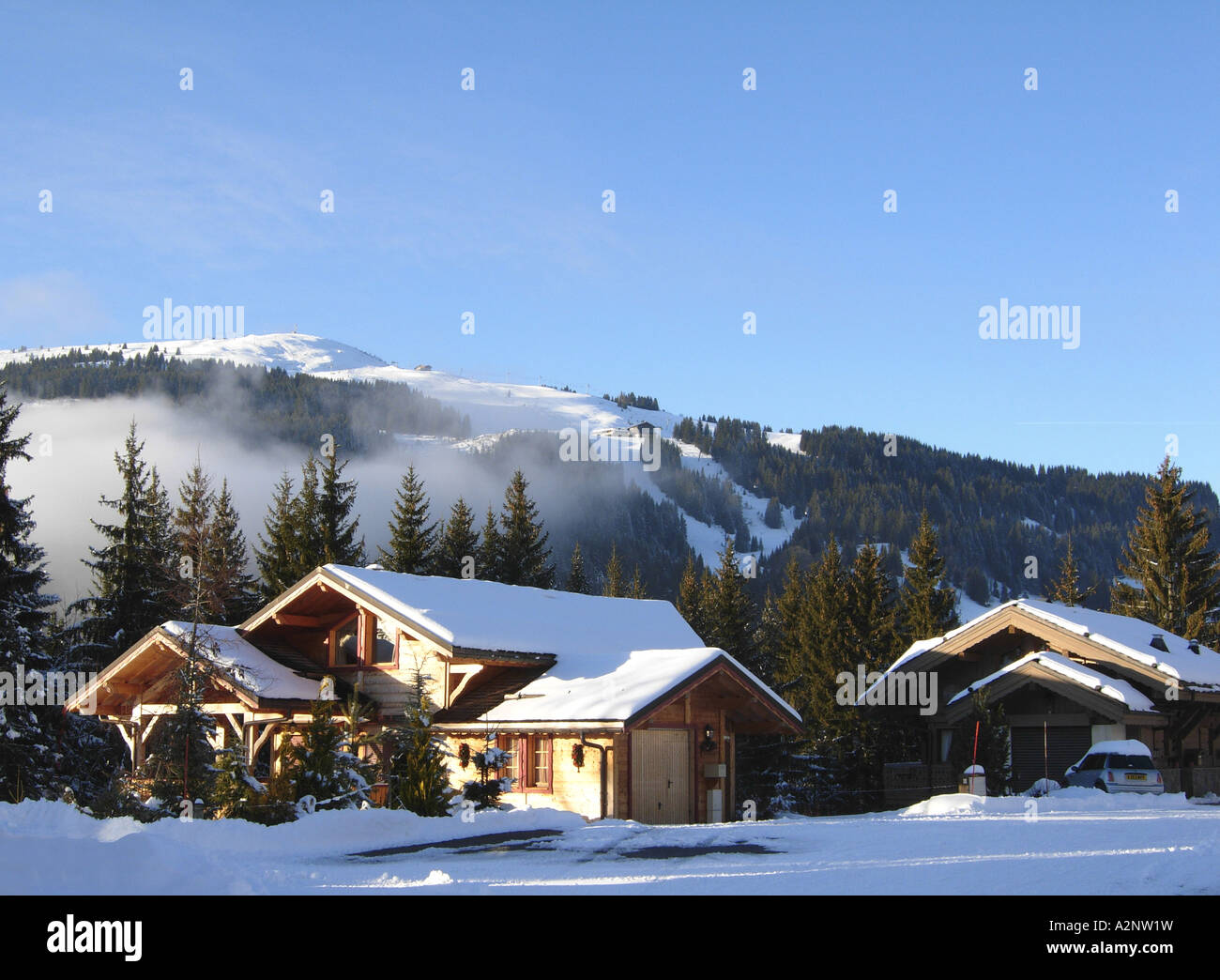 GV of chalets at Lacs Loisirs with the ski slopes of Mont Chery in the background Les Gets France Stock Photo