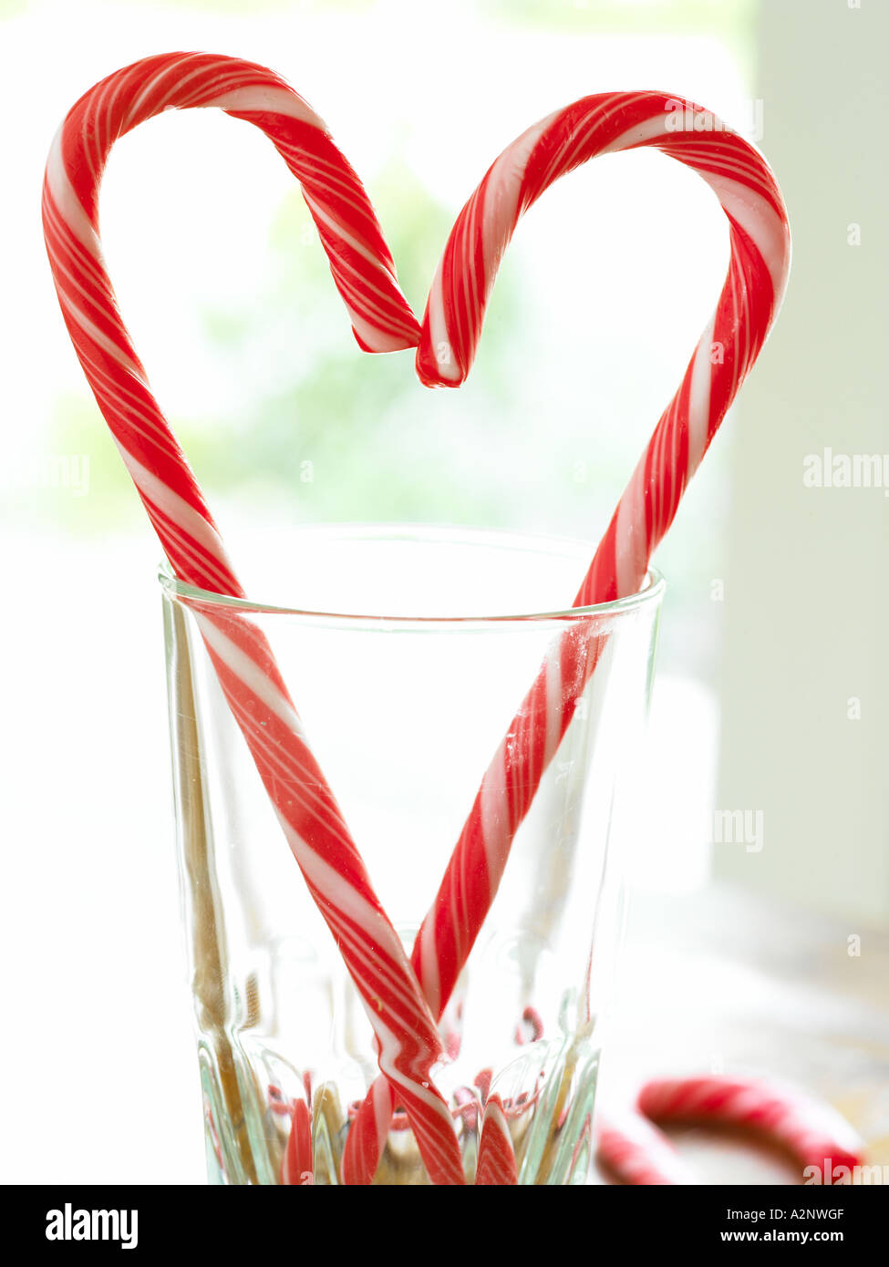 red and white candy cane sticks making a symbol of a hart shape in a glass tumbler backlight by window light Stock Photo