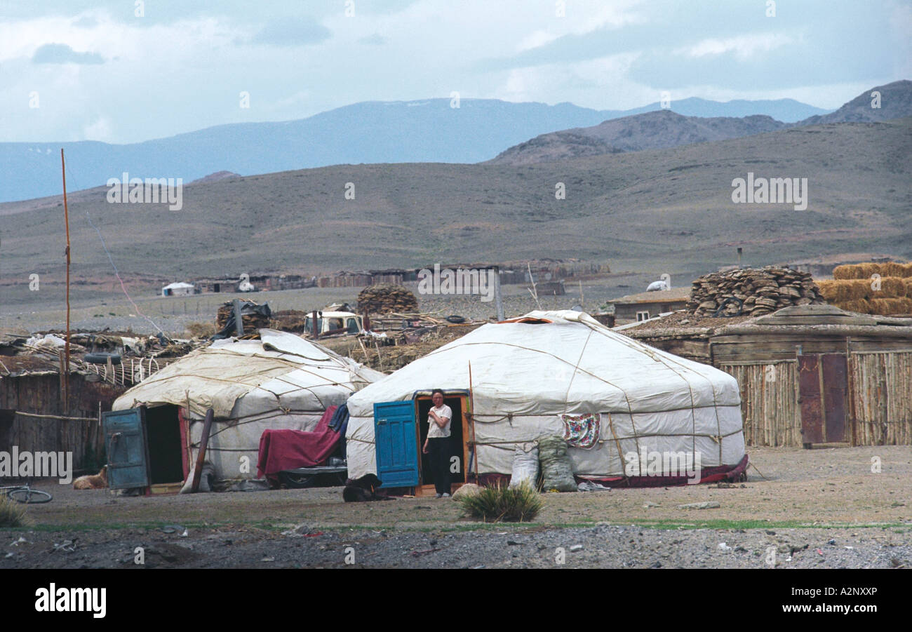 Mongolian dwelling – yurt. Ulangom aimak (administrative center) nearby. Uvs aimag (province). Mongolia Stock Photo