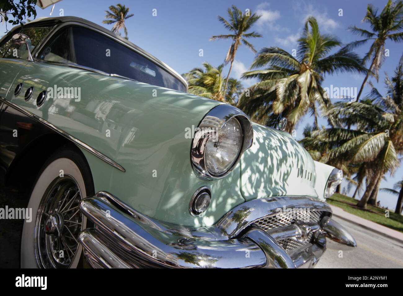 Classic car outside the art deco Avalon Hotel on Ocean Drive South Beach Miami Florida Stock Photo