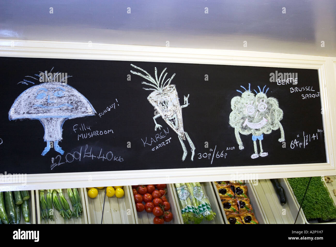animated cartoon vegetable price list on blackboard in fruit and vegetable  shop Stock Photo - Alamy