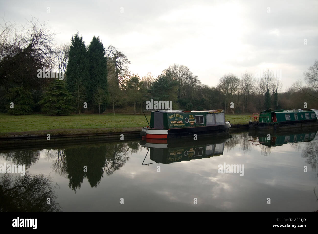 Narrowboat moored on Grand Union Canal near Great Linford Village