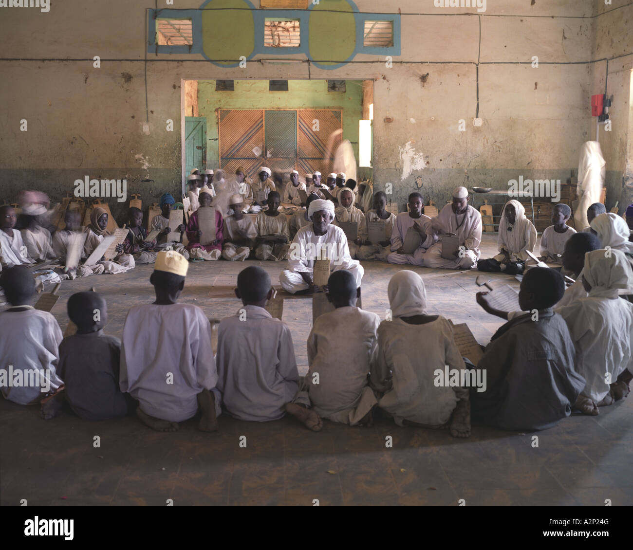 Young Sufi followers of Sheick Al-Buhri. Zeriba village, Sudan, Nothern Kordofan Stock Photo