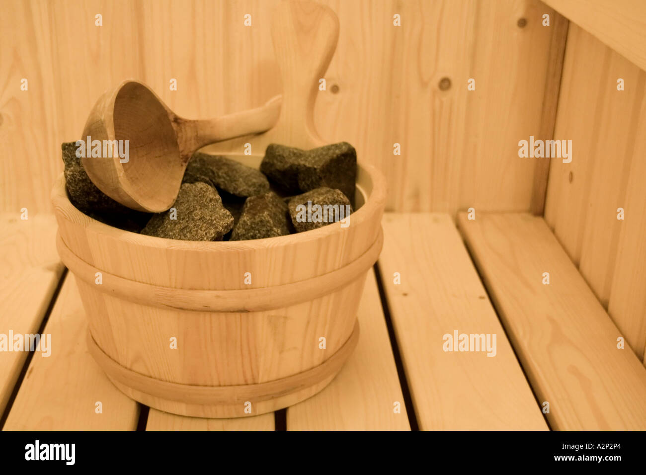 Stock photo of a wooden water bucket in a sauna Stock Photo Alamy