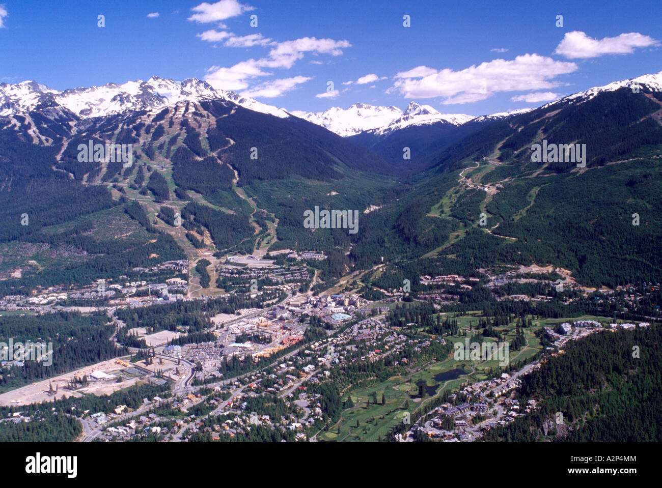 Aerial View of Whistler Ski Resort, BC, British Columbia, Canada - Village and Ski Runs on Blackcomb and Whistler Mountain Stock Photo