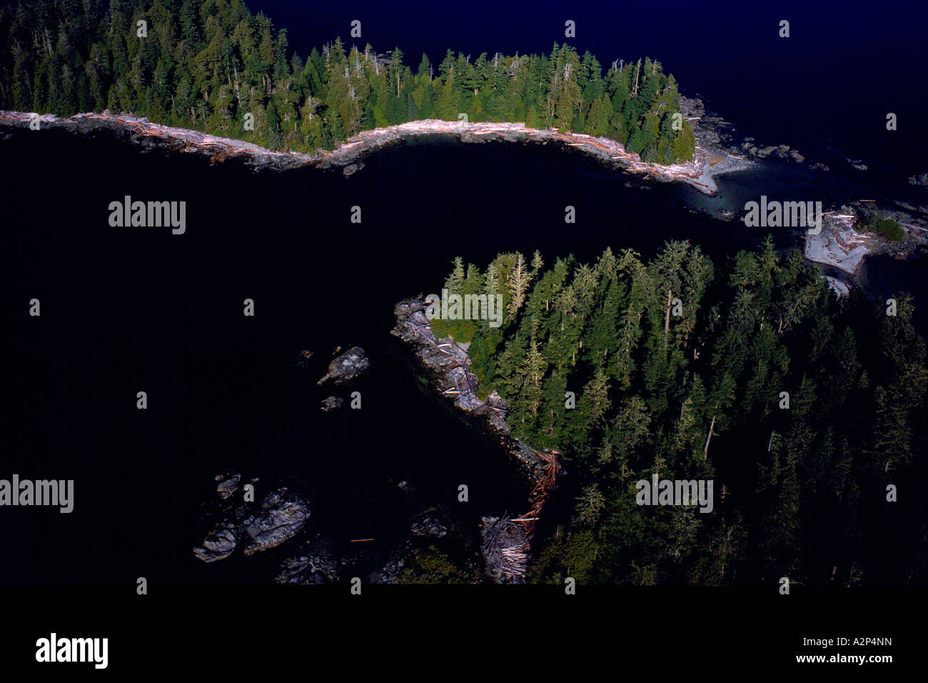 Aerial View of the Broken Group Islands off the Pacific West Coast of Vancouver Island British Columbia Canada Stock Photo