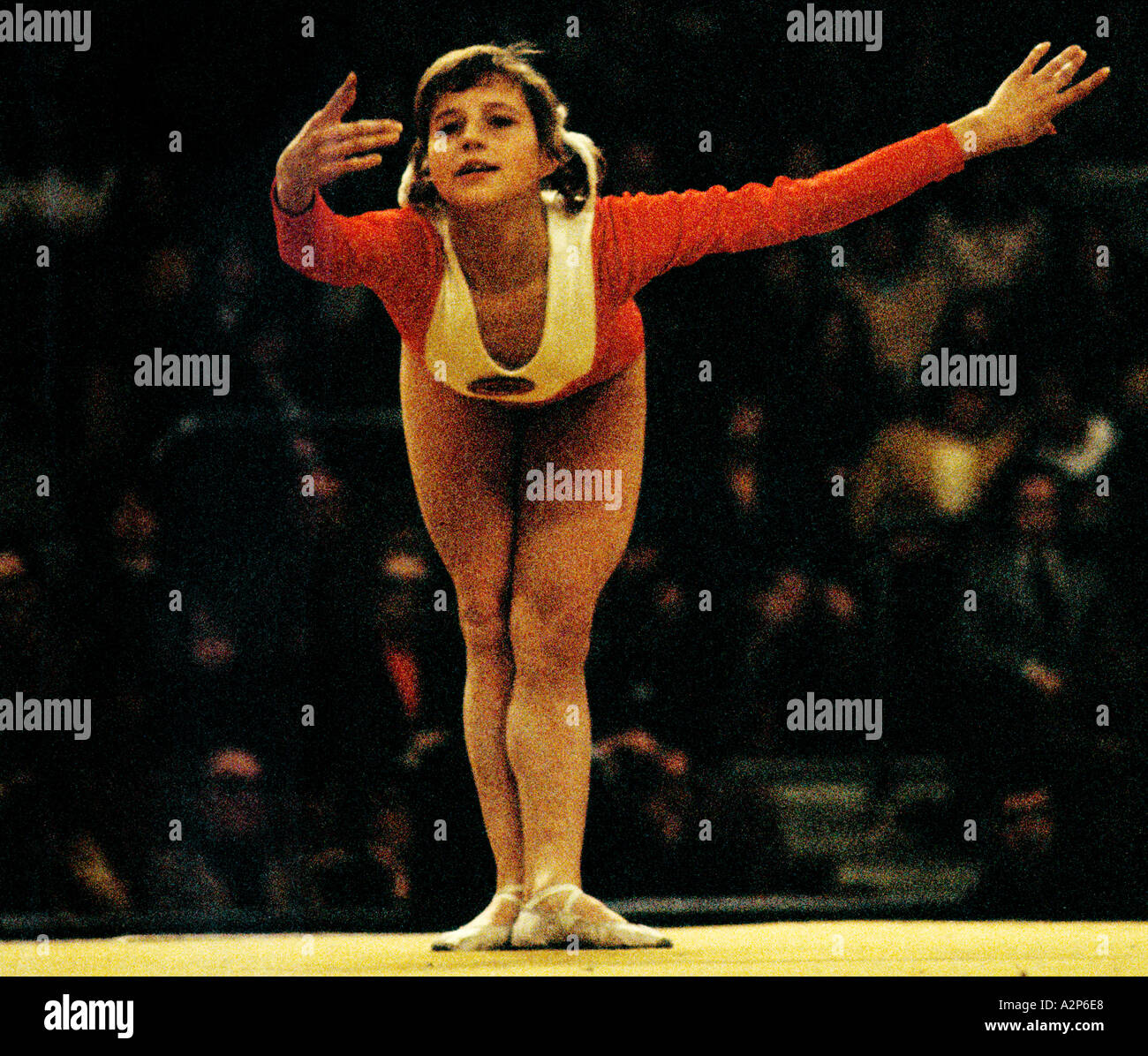 OLGA KORBUT RUSSIAN GYMNAST PHOTOGRAPHED IN 1975, LONDON  ON VERY HIGH SPEED FILM HENCE THE GRAIN Stock Photo