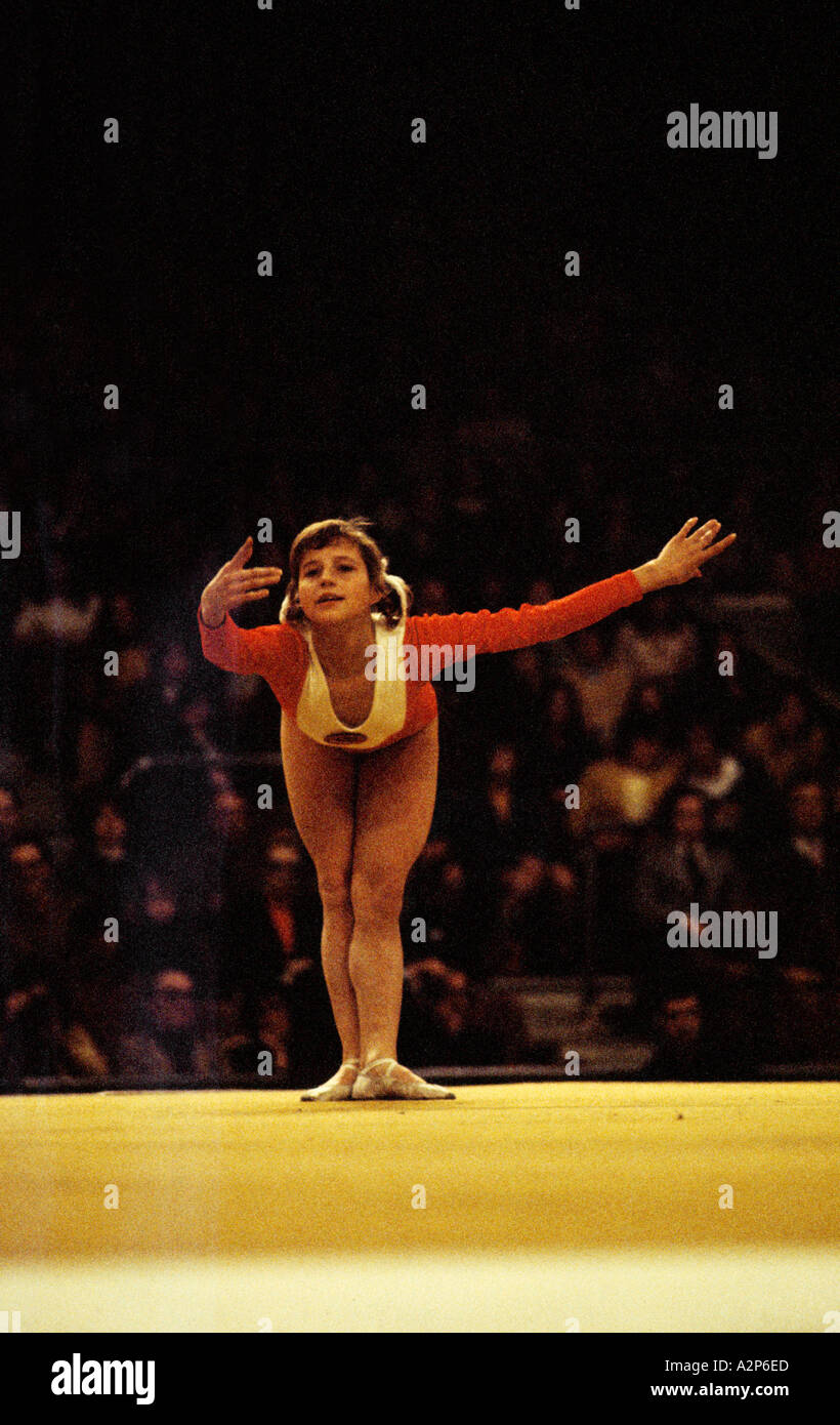 OLGA KORBUT RUSSIAN GYMNAST PHOTOGRAPHED IN 1975, LONDON  on VERY HIGH SPEED FILM HENCE THE GRAIN Stock Photo