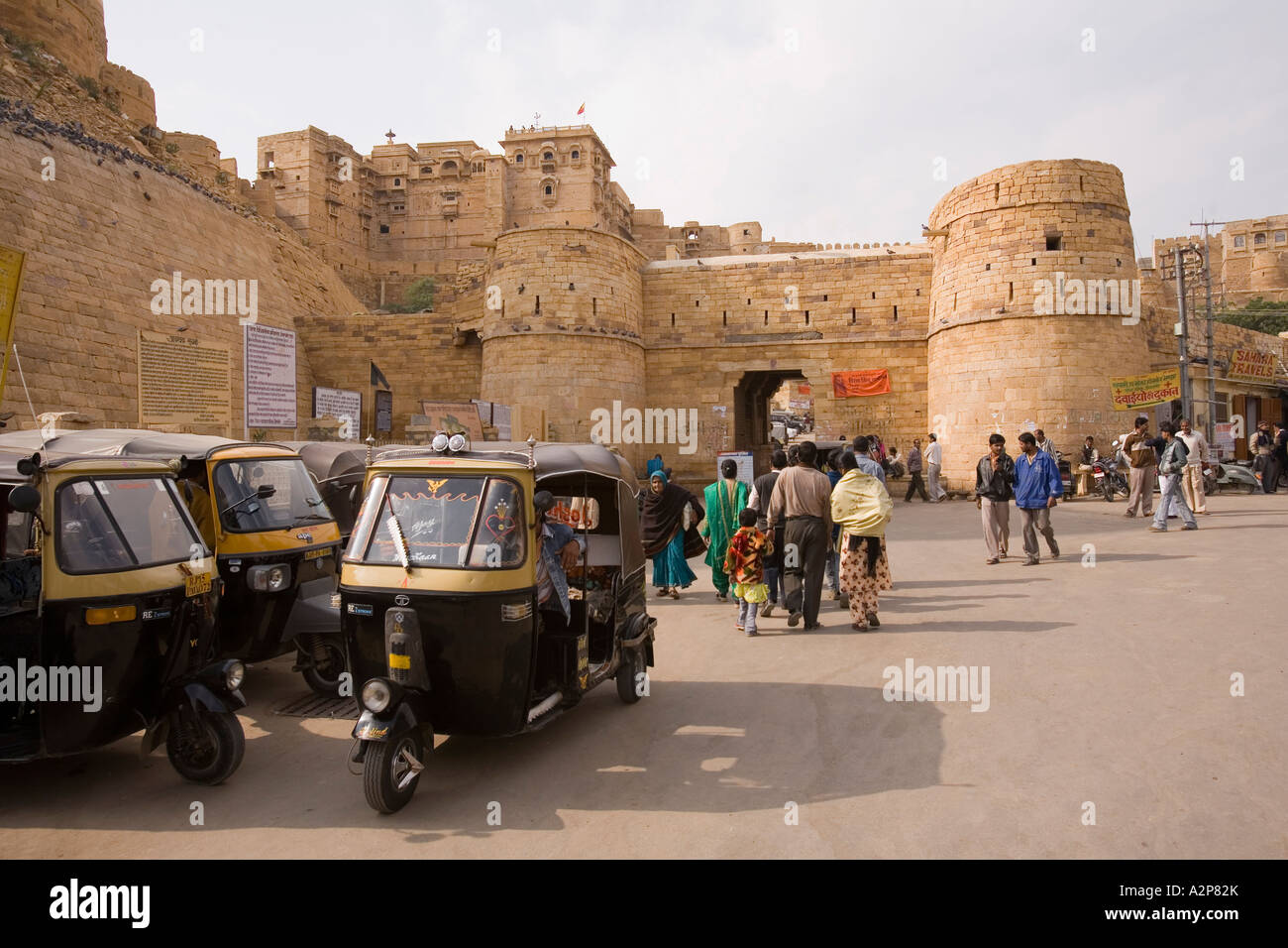 India Rajasthan Jaisalmer fort built in 1156 and Rajmahal from the first gate Stock Photo