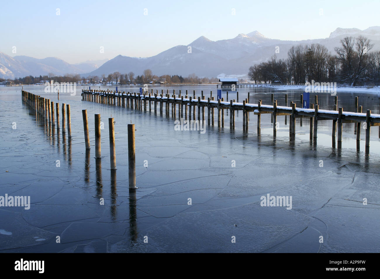 landing stage in frozen lake, Germany, Bavaria, Chiemsee, Prien Stock Photo