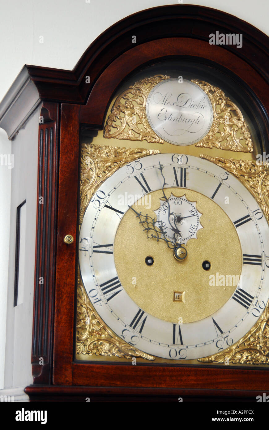 Antique c1770 Alexander Dickie Edinburgh Scotland eight day longcase grandfather clock face and