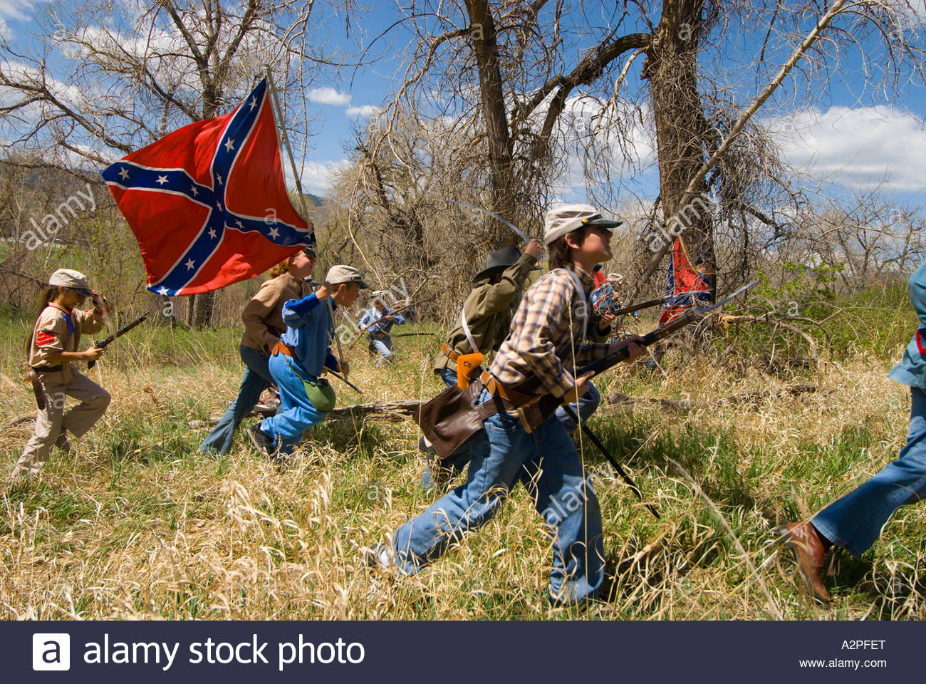 Civil war battle reenactment by children from Wilder Elementary Stock