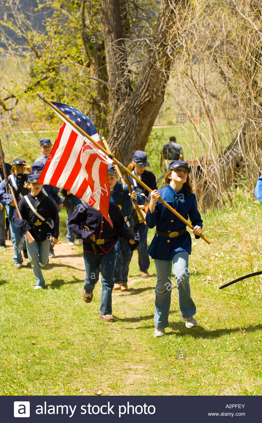 Civil war battle reenactment by children from Wilder Elementary Stock