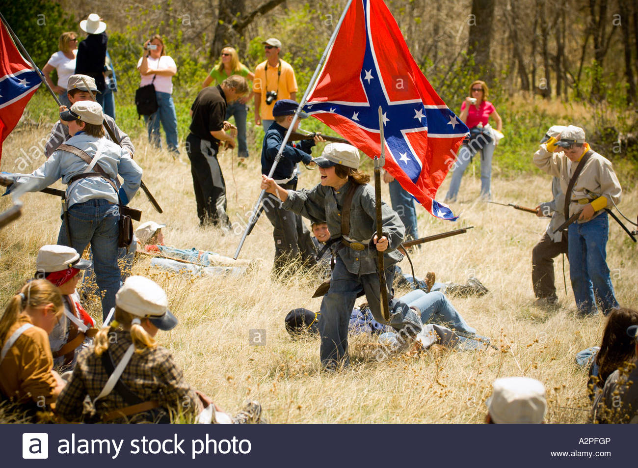 Civil war battle reenactment by children from Wilder Elementary Stock