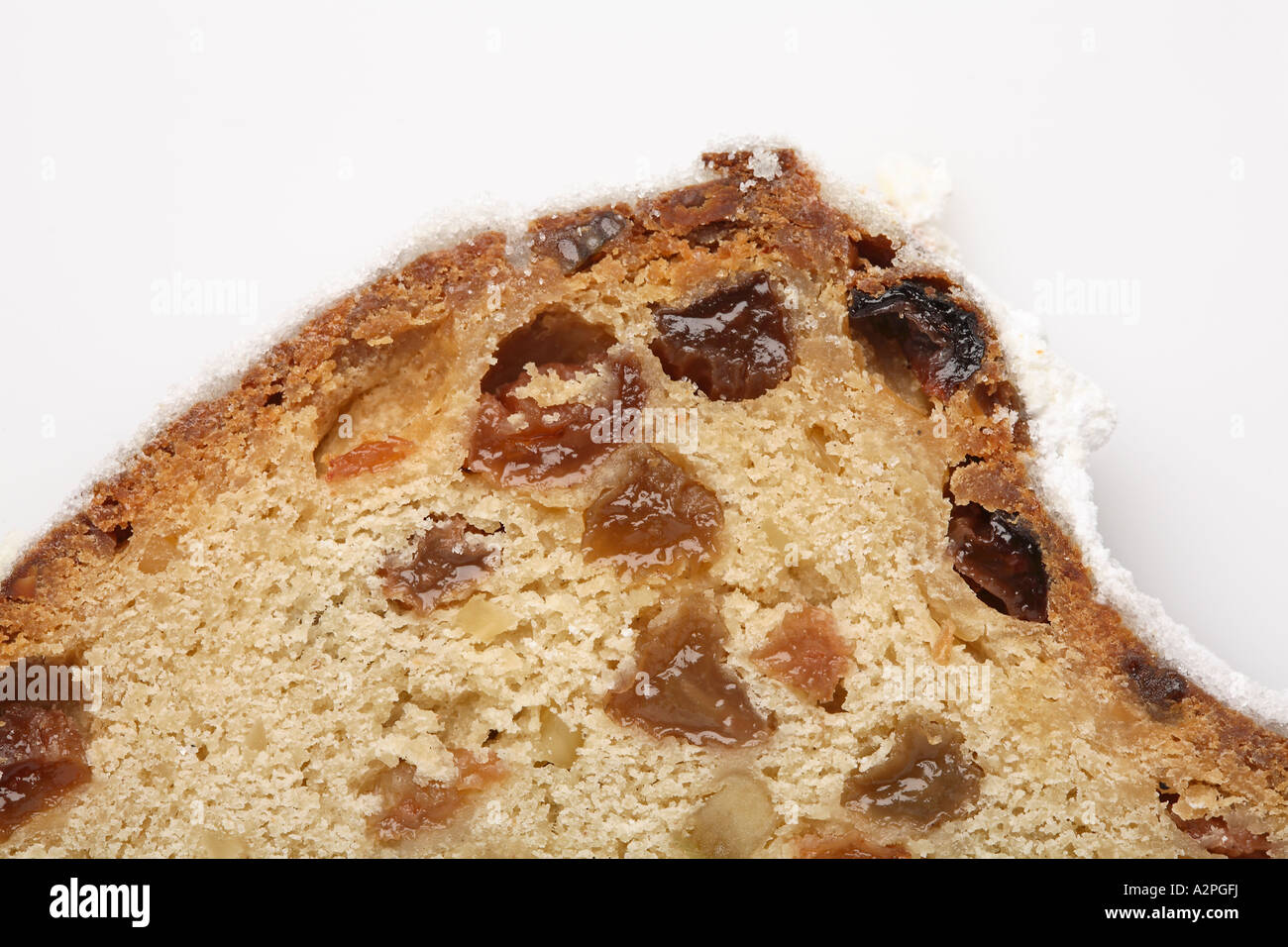 Close up of a traditional german christmas stollen, dry fruit cake Stock Photo