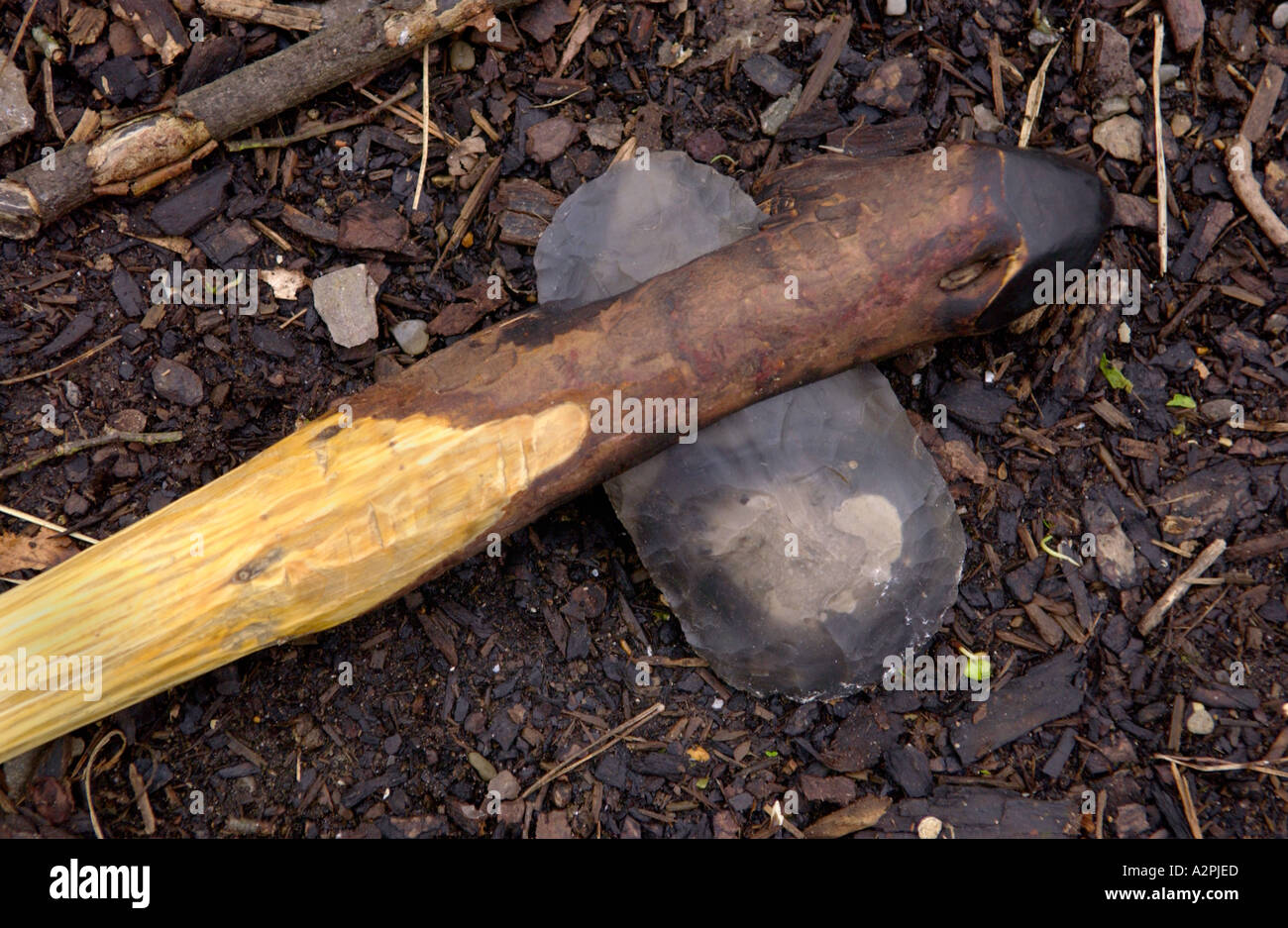 prehistoric Flint axe made by Stone age reenactor at The Museum of Welsh Life St Fagans Cardiff Wales UK Stock Photo