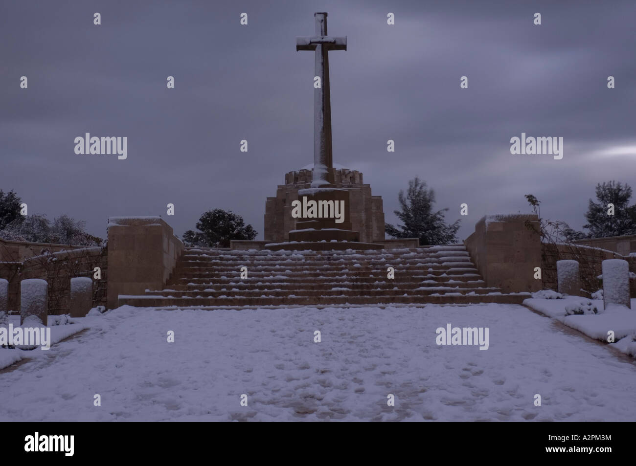 Israel Jerusalem Commonwealth World War I cemetery on Mt Scopus covered with snow Winter January 2007 Stock Photo