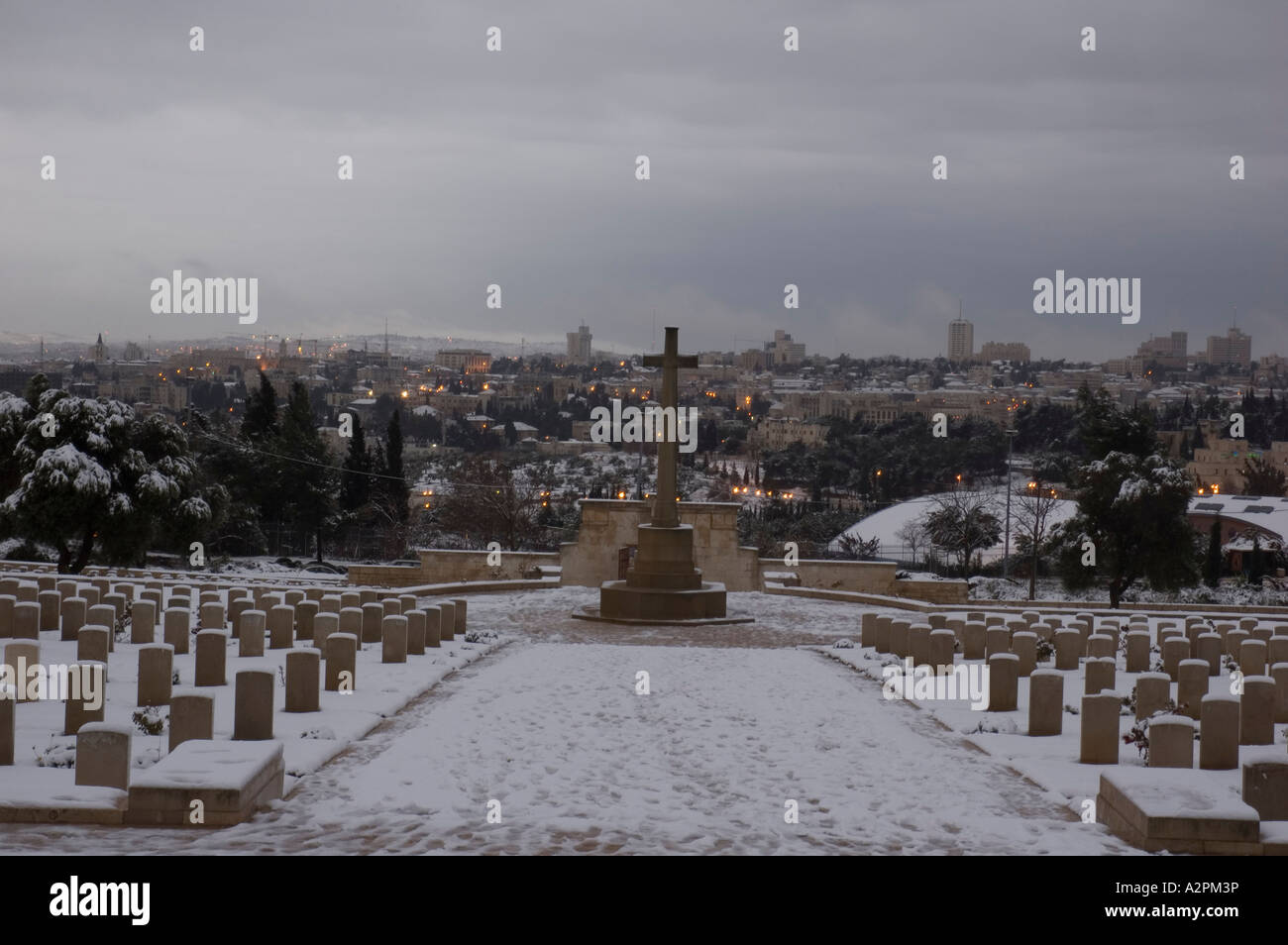 Israel Jerusalem Commonwealth World War I cemetery on Mt Scopus covered with snow Winter January 2007 Stock Photo