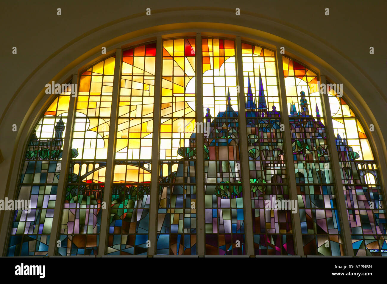 Stained glass window in the Gare Centrale of Luxembourg City, which depicts the Luxembourg City skyline. Stock Photo
