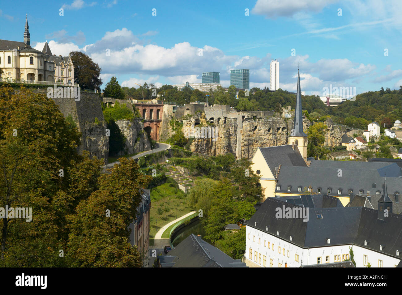 View over the Grund towards the Bock Casemates and Kirchberg Plateau, Luxembourg City Stock Photo