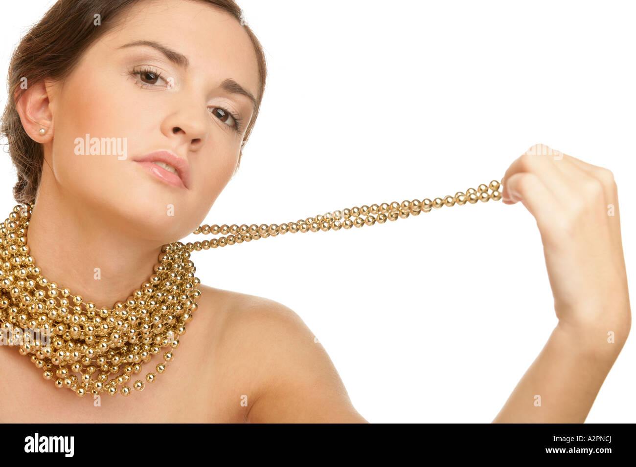 Woman wearing gold necklace Stock Photo Alamy