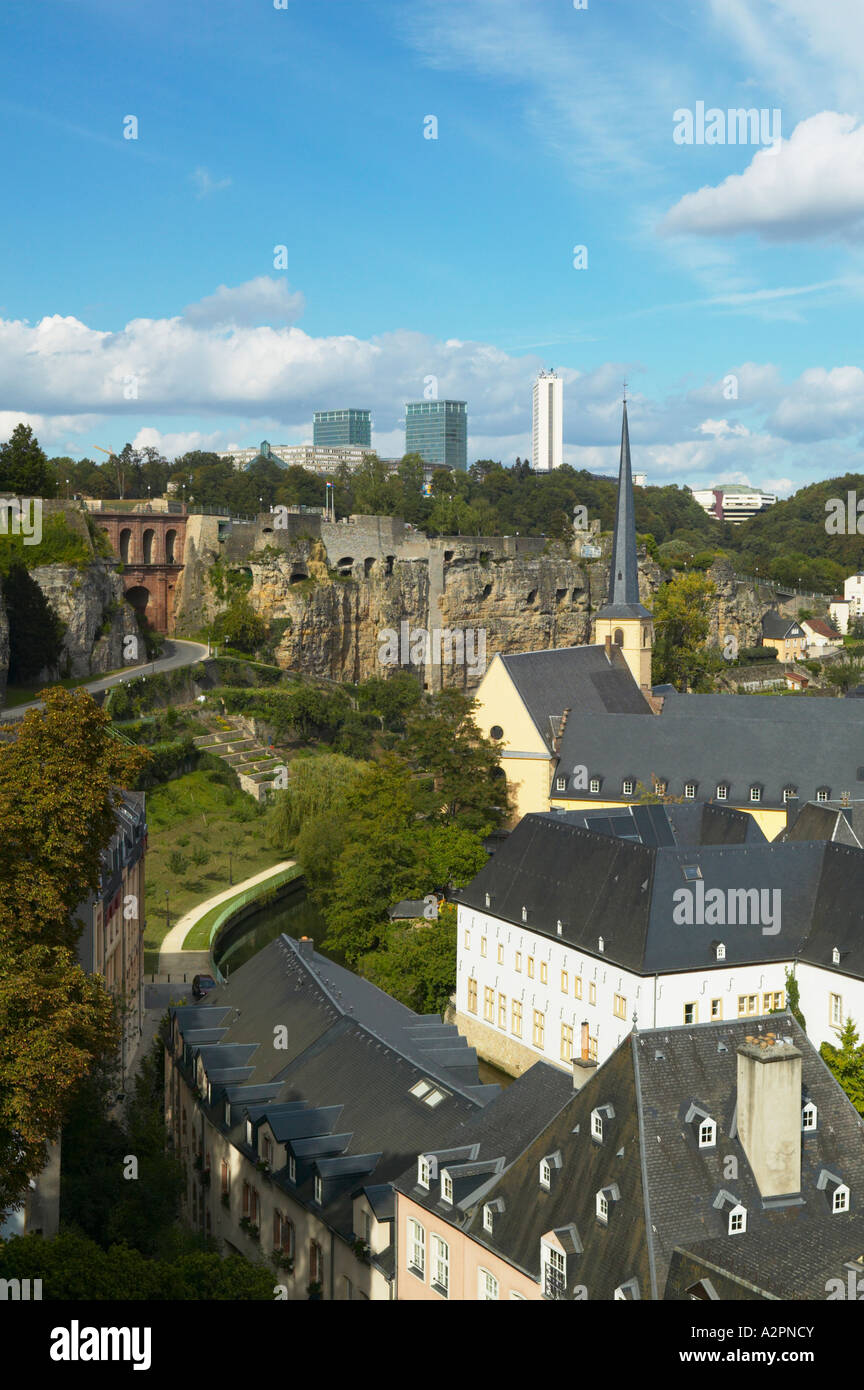 View over the Grund towards the Bock Casemates and Kirchberg Plateau, Luxembourg City Stock Photo