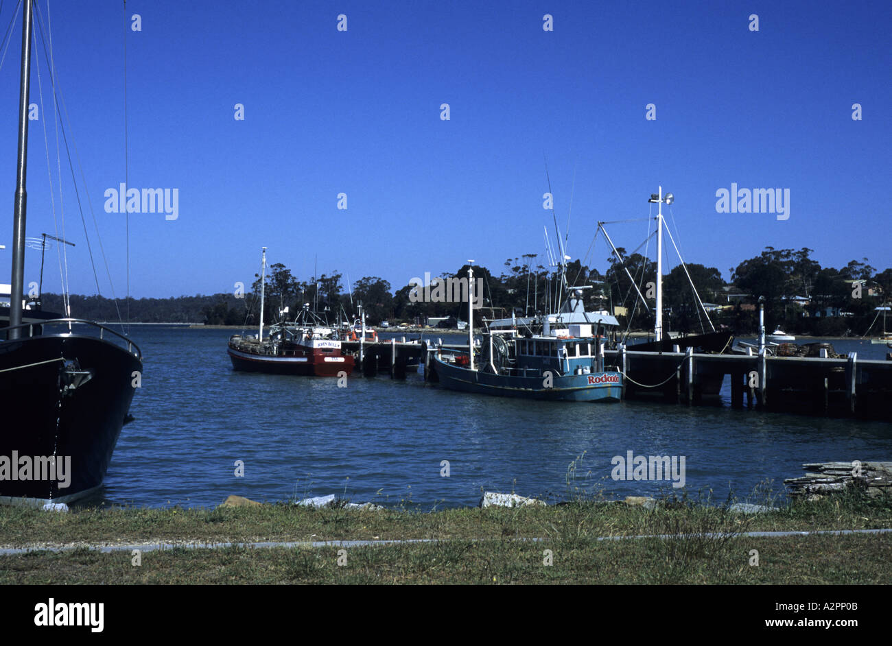Georges Bay and fishing boats, St. Helens, Tasmania, Australia Stock
